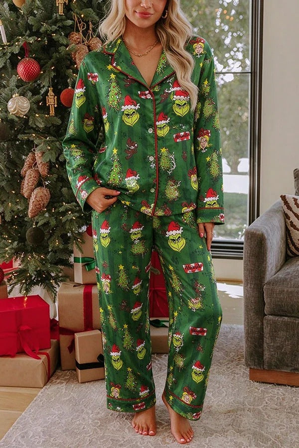 Grinch Unique Print Long Sleeve Loose Shirt and Elastic Waist Pocket Pajama Set