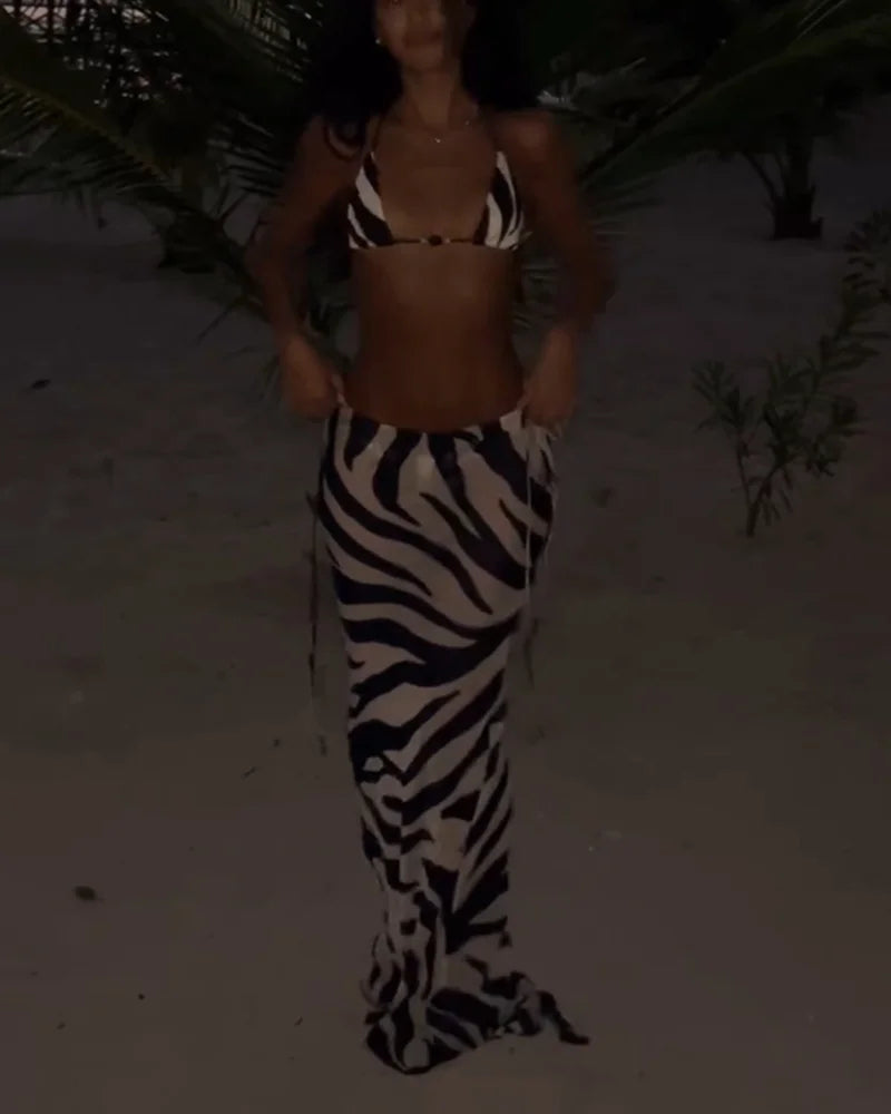 Women's Zebra Print String Bikini Three Piece Suit