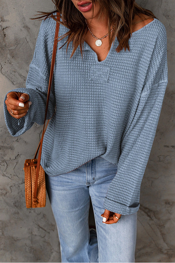 Dusk Blue Waffle Split V Neck Drop Shoulder Long Sleeve Top