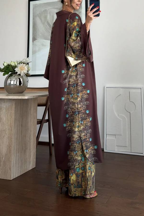 Vintage Print Kimono Cami Wide‑Leg Pants Three‑Piece Set