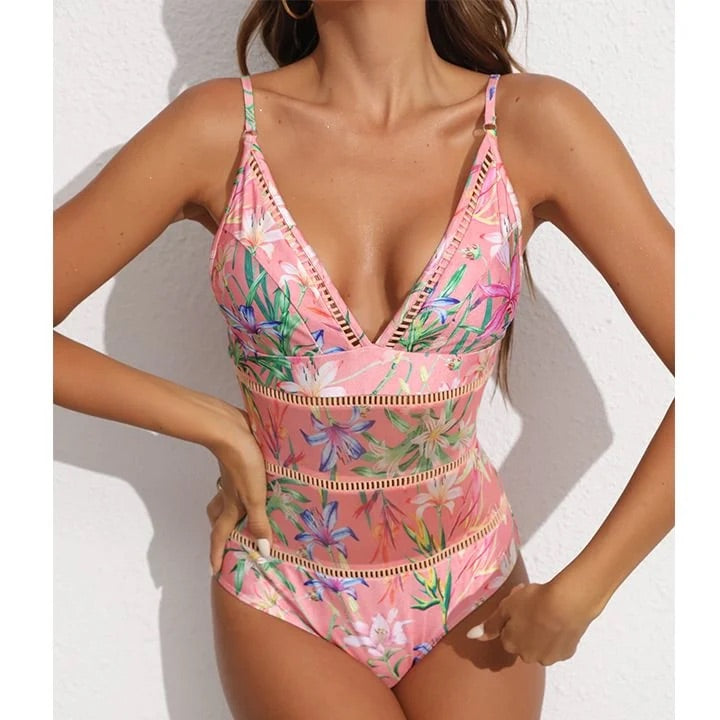 swimgirls V Neck Floral Print One Piece Swimsuit and Mesh Splicing Sarong