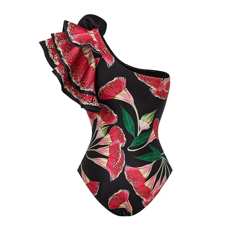 One Shoulder Ruffle Eucalyptus Flower Printed One Piece Swimsuit and Skirt