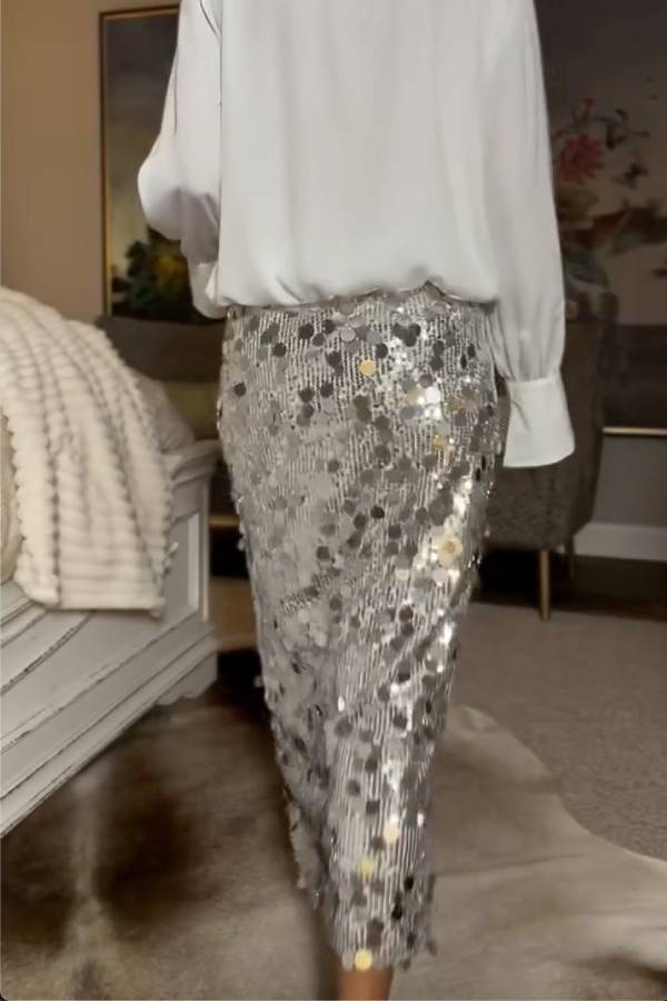 Silver Sequin Bodycon Midi Skirt