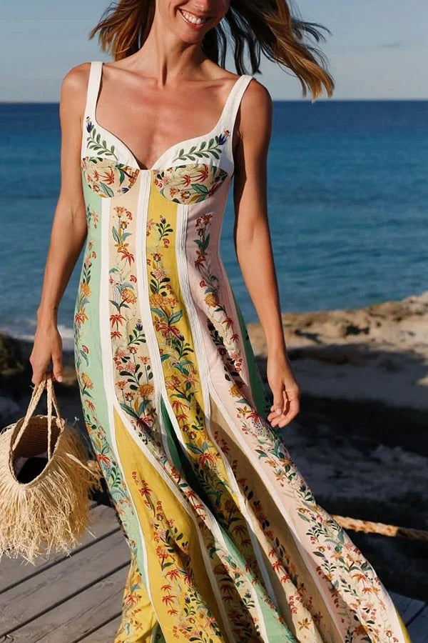 Sweet Garden Linen Blend Color Block Floral Paneled Maxi Dress