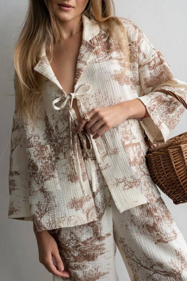 Vintage Landscape Print Tie Shirt & Wide Leg Pants 2 Piece Set