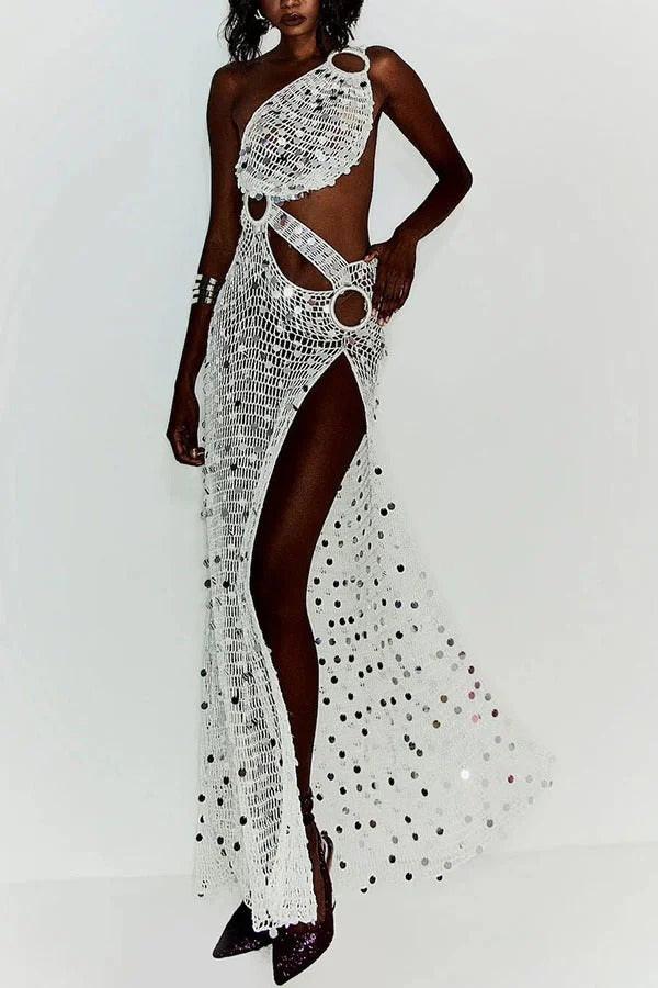 Sunshine Baby Knit Hollow Out Sequin One Shoulder Ring Detail Slit Cover-up Maxi Dress
