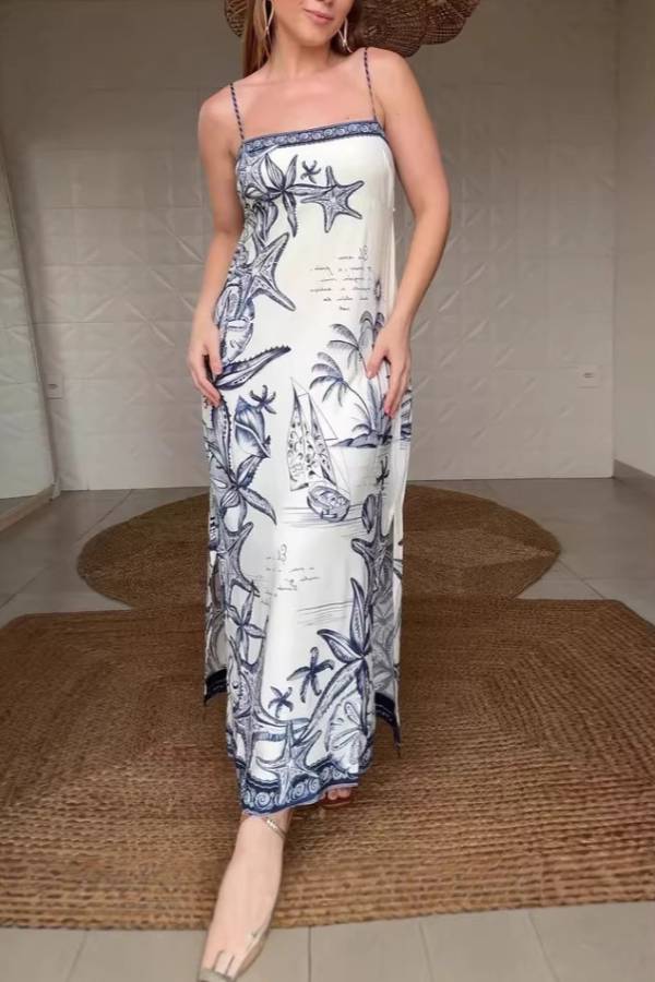 Ocean Print Cami Back‑Tie Slit Vacation Maxi Dress