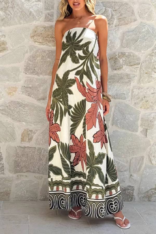 Tropical Leaf Print Strapless Straight Maxi Vacation Dress