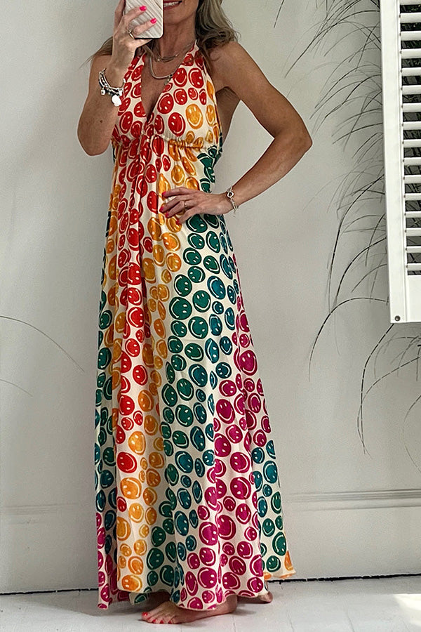Have A Nice Day Colorful Smiley Print Halter Maxi Dress