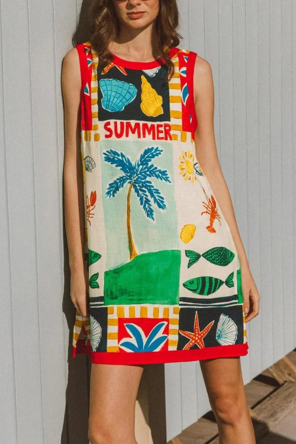Summer-themed Printed Round Neck Sleeveless Pocket Loose Mini Dress