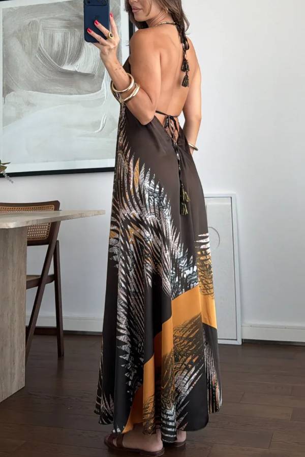 Halter Retro Print Maxi Vacation Dress