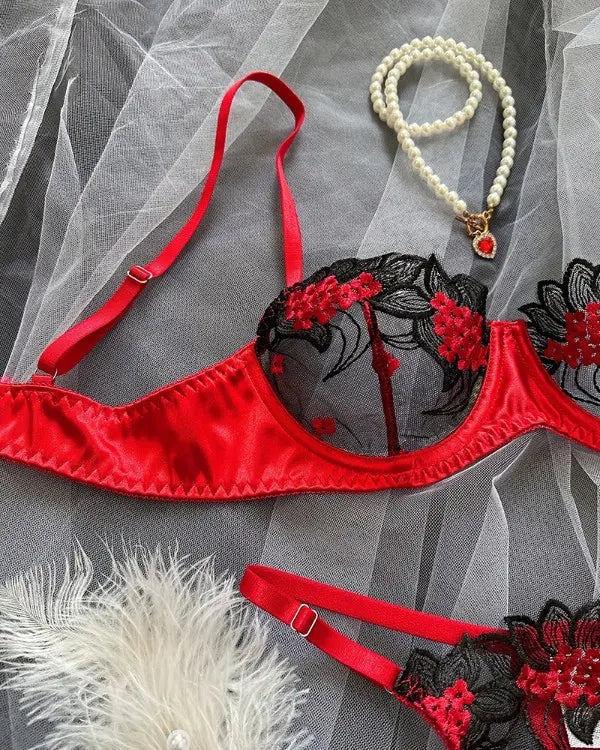 Floral Embroidery Mesh Patch Lingerie Set