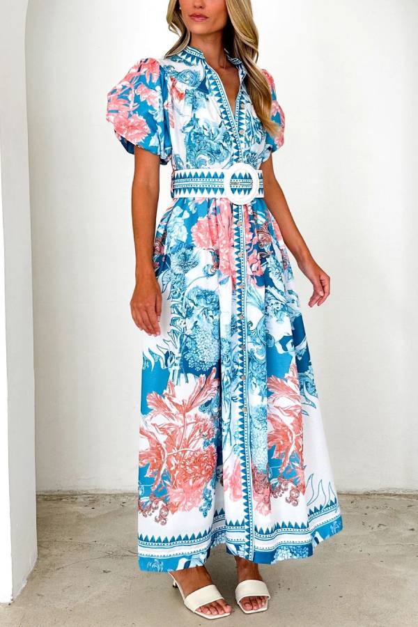Blue Pink Floral Print Puff Sleeve Stand Collar Waisted Maxi Vacation Dress with Matching Belt
