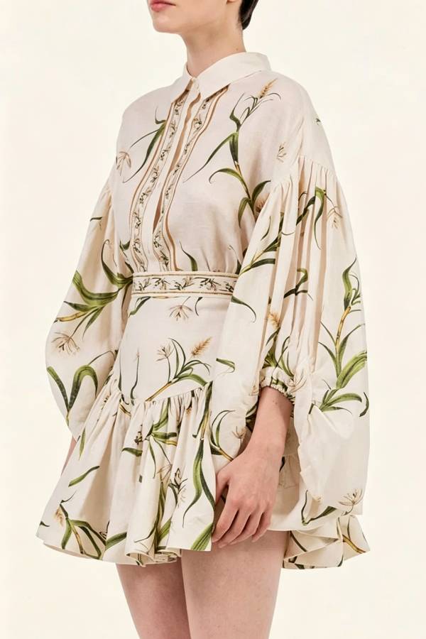 Botanical Print Puff-Sleeve Blouse & Ruffled Skirt Set