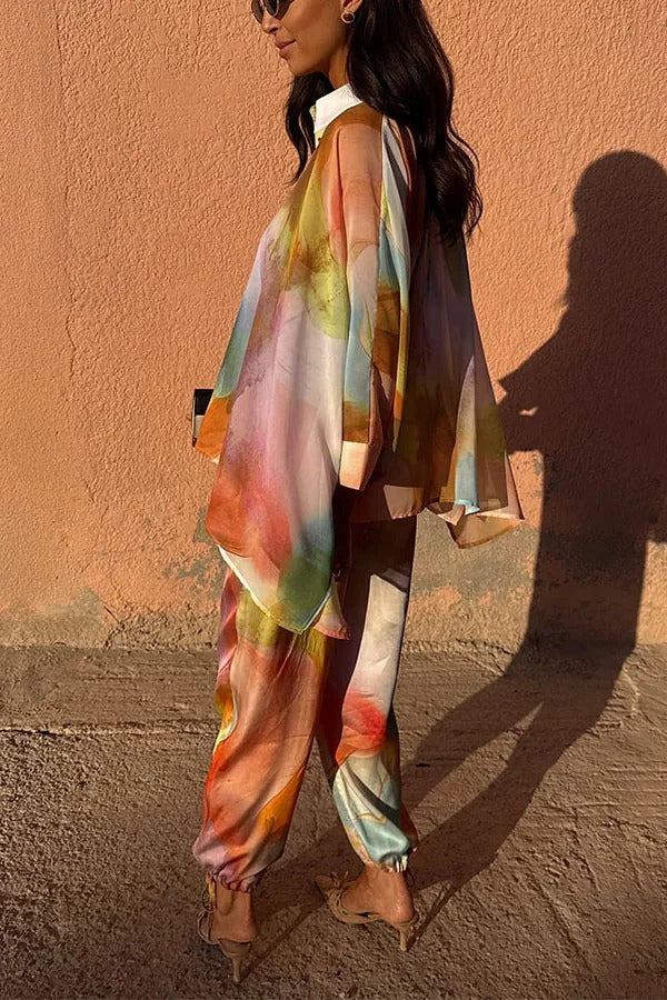 Vacation View Colorful Abstract Print Button Long Batwing Sleeve Oversized Blouse