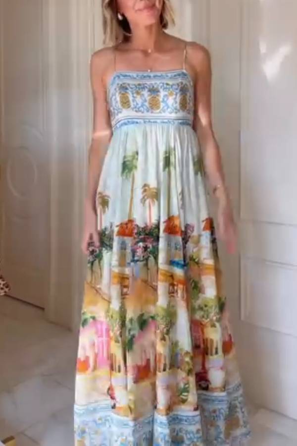 Tropical Print Spaghetti Strap Flowy Maxi Dress