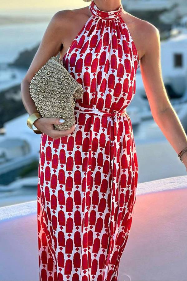 Sexy And Fashionable Printed Halter Neck Beach Slit Midi Dress