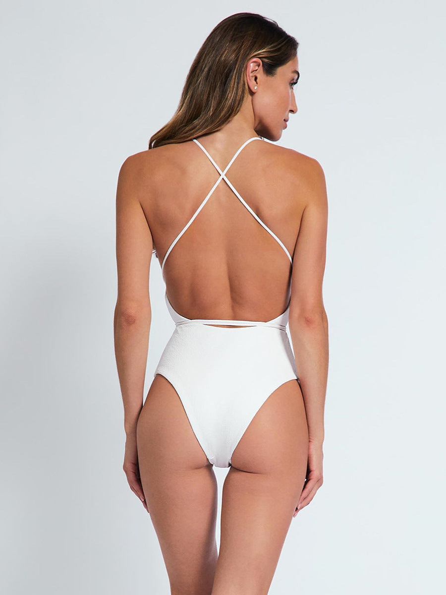 Deep V solid color one-piece swimsuit