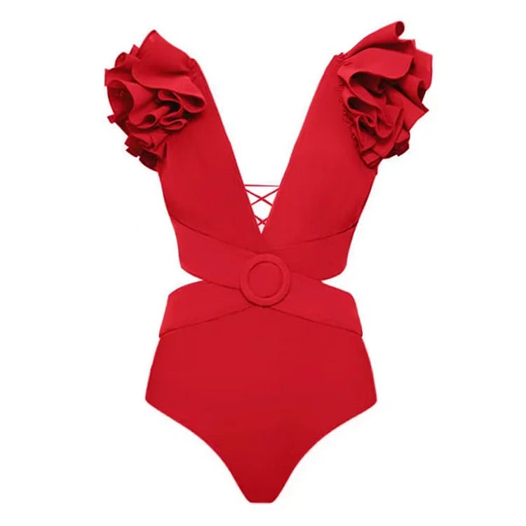 swimgirls Deep V Red Cutout One Piece Swimsuit and Skirt