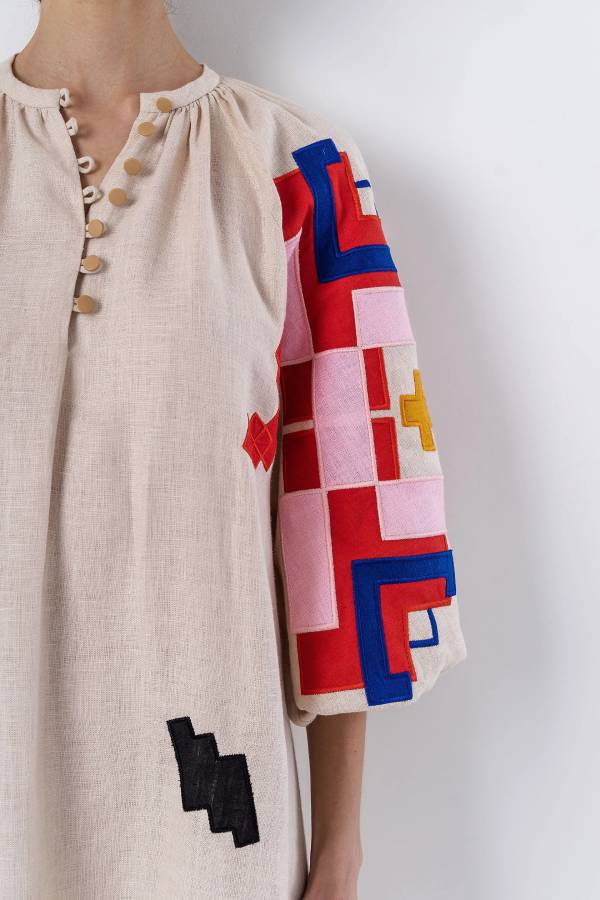 Linen Geometric Applique Lantern Sleeve Vacation Dress