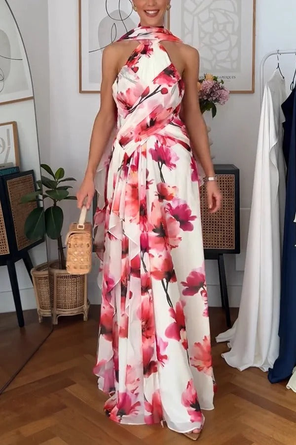 Blooming Petals Chiffon Floral Print Crinkle Cross Front Drape Ruffles Scarf Maxi Dress