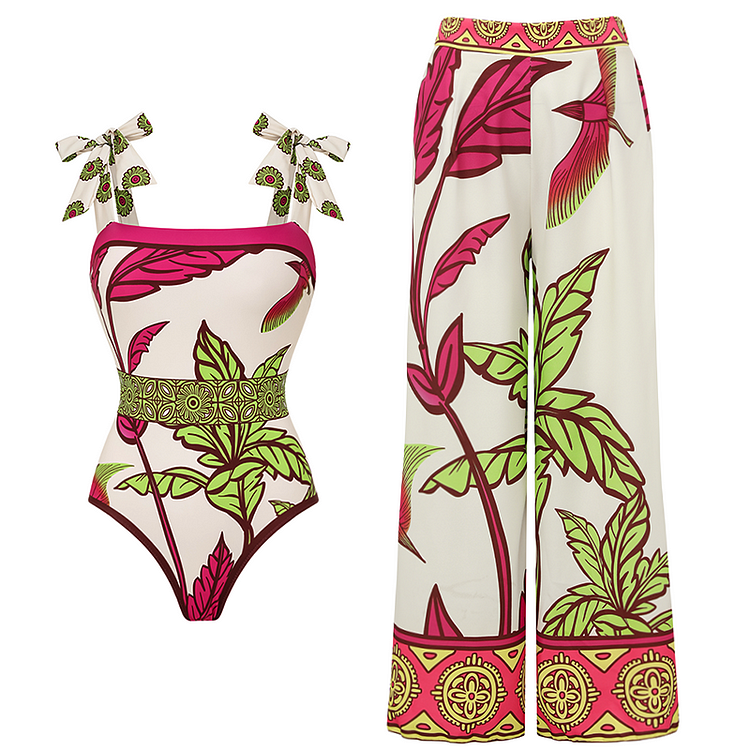 Bow-tie Shoulder Tropical Plant Pattern Printed One Piece Swimsuit and Pants
