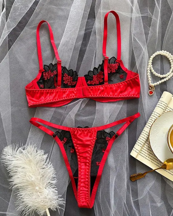 Floral Embroidery Mesh Patch Lingerie Set