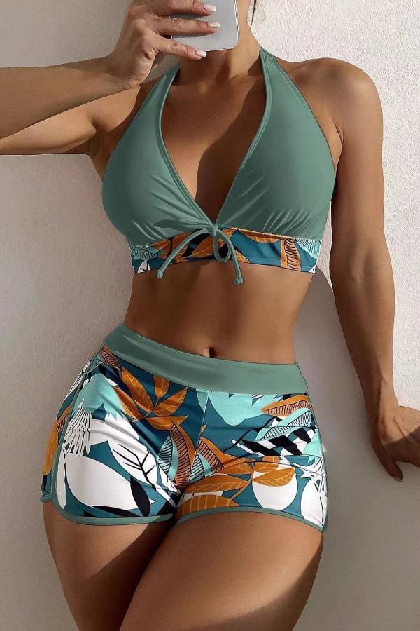 Multi-Color Halter Tie High Waist Tropical Print Boyleg Bikini Set