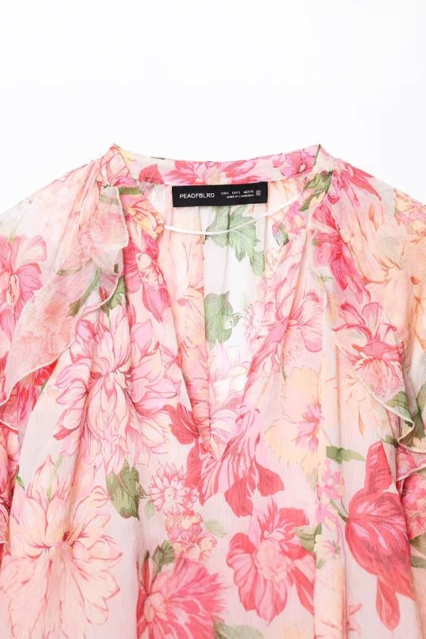 Pink Floral Print Ruffle V Neck Cropped Chiffon Blouse