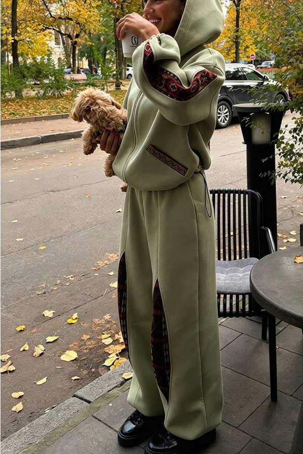 Ethnic-style Print Patchwork Zip Long Sleeve Hoodie and Elastic Waist Pocket Jogger Set