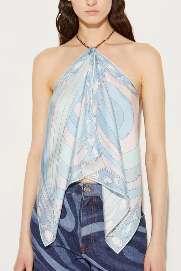 Artistic Girl Satin Unique Print Metal Chain Halter Draped Scarf Tank
