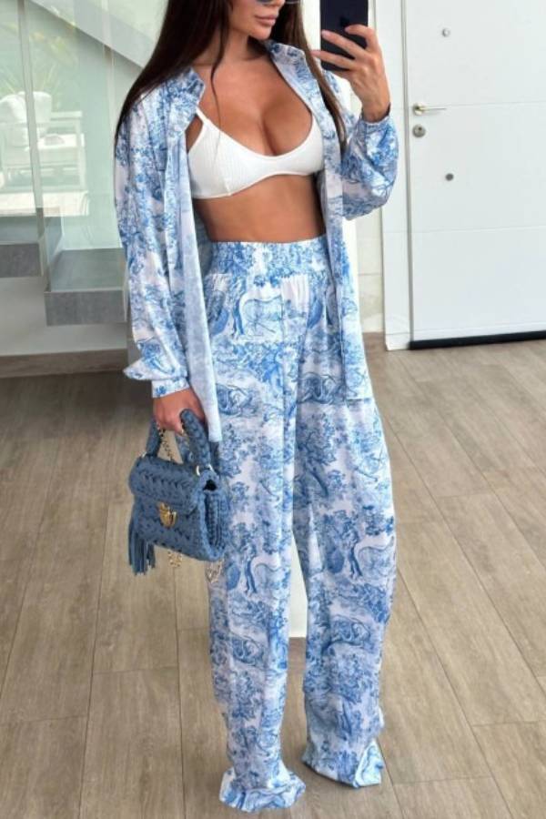 Blue And White Printed Long Sleeve Shirt Wide Leg Pants Two Piece Set