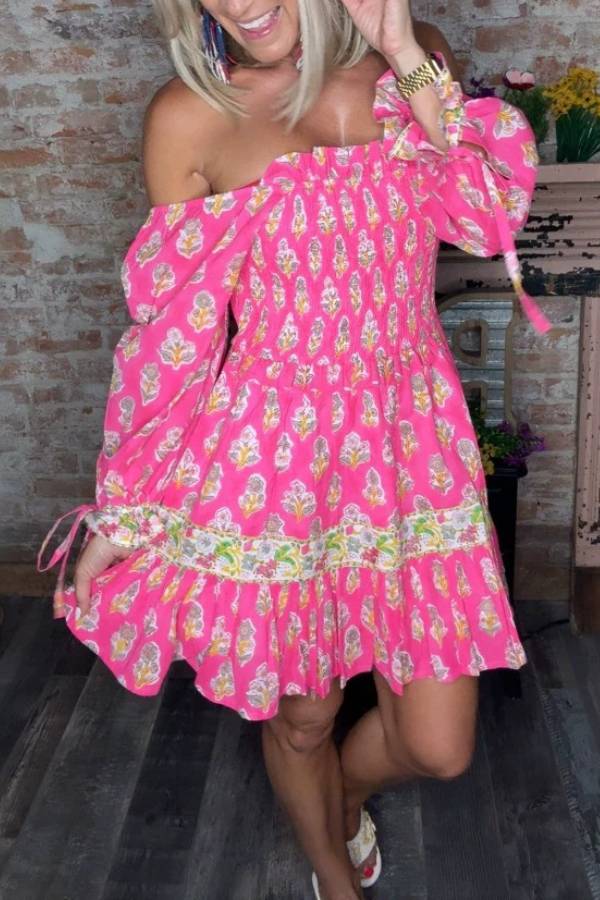 Square Neck Smocked Floral Mini Dress