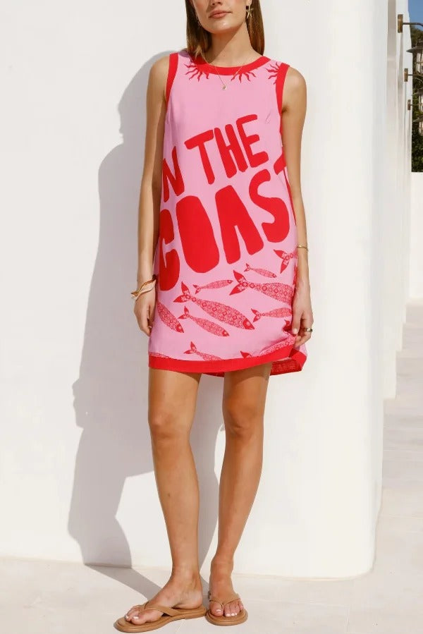 Summer-themed Printed Round Neck Sleeveless Pocket Loose Mini Dress
