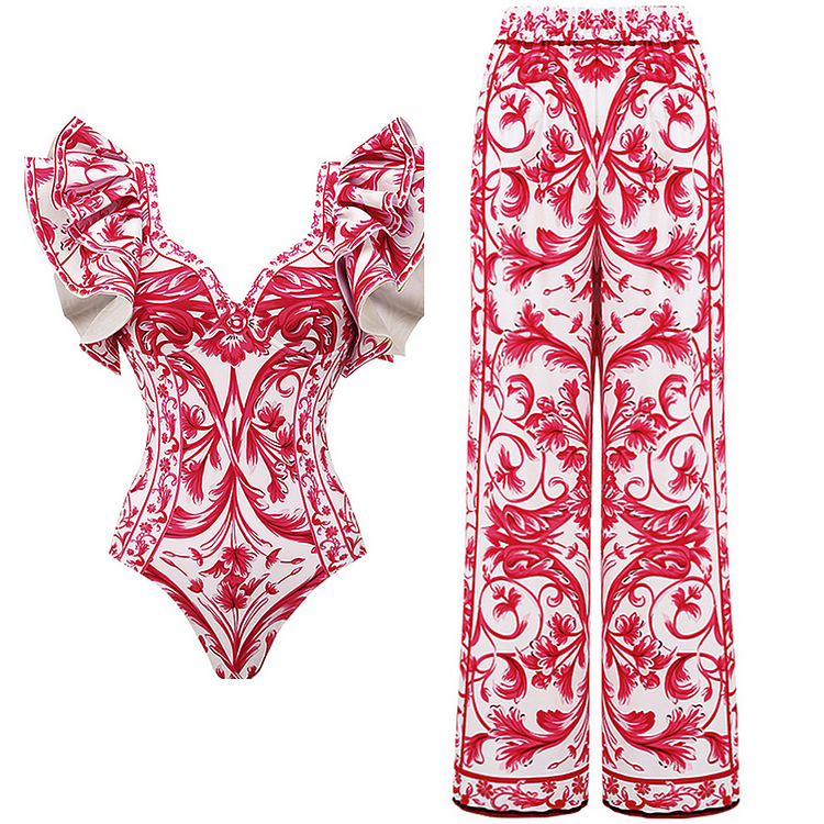 Baroco Style Printed One Piece Swimsuit and Skirt