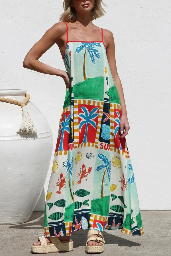 Summer-themed Printed Square Neck Sleeveless Pocket Loose Maxi Dress