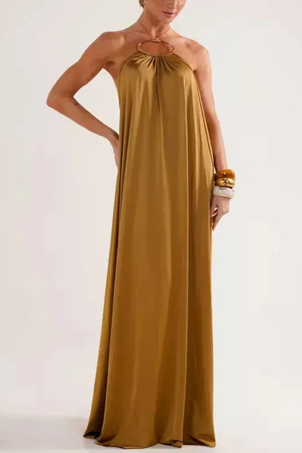 Ocean Goddess Metal Circular Chain Halter Backless Vacation A-line Maxi Dress