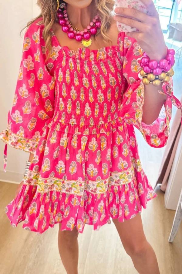 Square Neck Smocked Floral Mini Dress