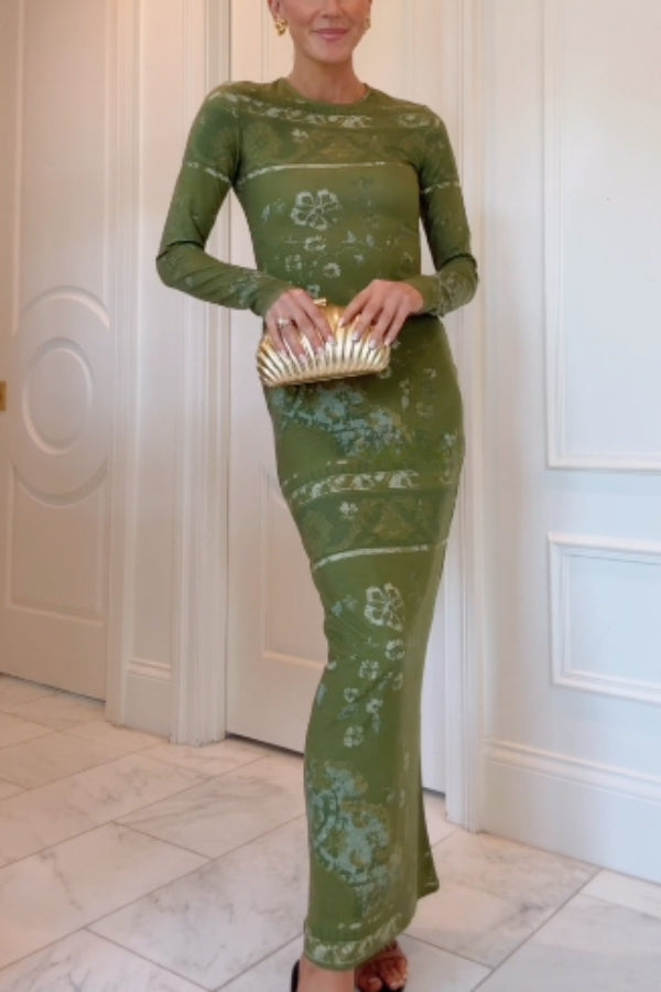 Vintage Botanical Floral Print Long‑Sleeve Fitted Knit Midi Dress