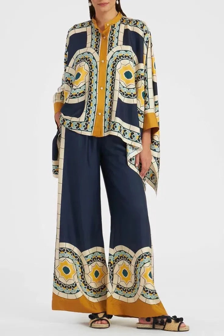 Vintage Printed Stand Collar Irregular Shirt Wide Leg Pants Set