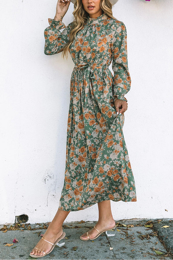 Green Frill Neck Boho Floral Print Pleated Belted Maxi Dress