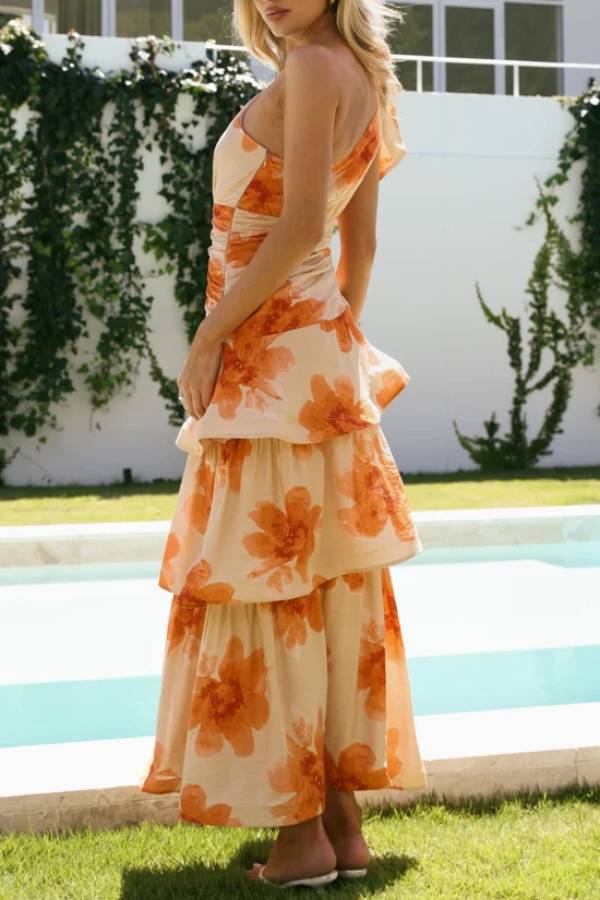 Floral One Shoulder Bow Tiered Cake Dress