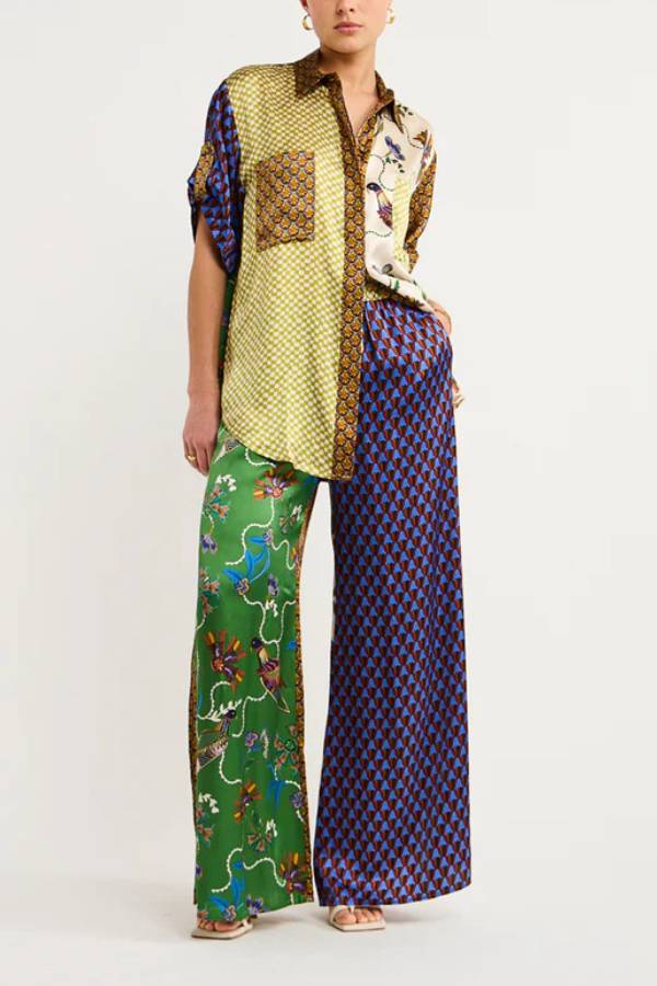 Retro Color-Block Printed Satin Shirt & Wide-Leg Pants Set
