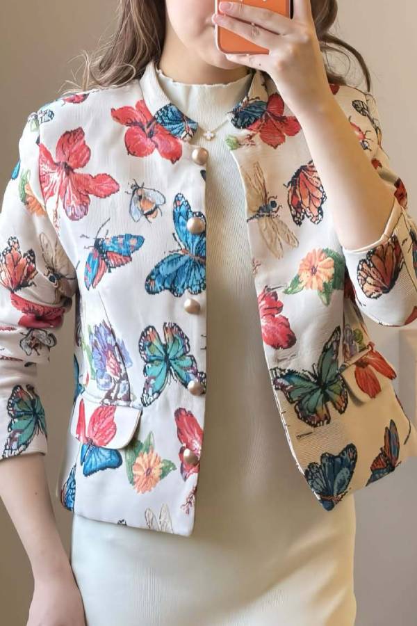 Vintage Printed Stand Collar Cropped Jacket