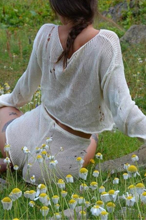 Sheer Knit Distressed Crop Top + Shorts Two-Piece Set