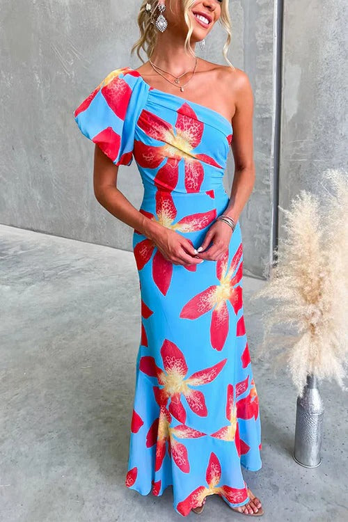One Shoulder Puff Short Sleeve Floral Print Maxi Dress