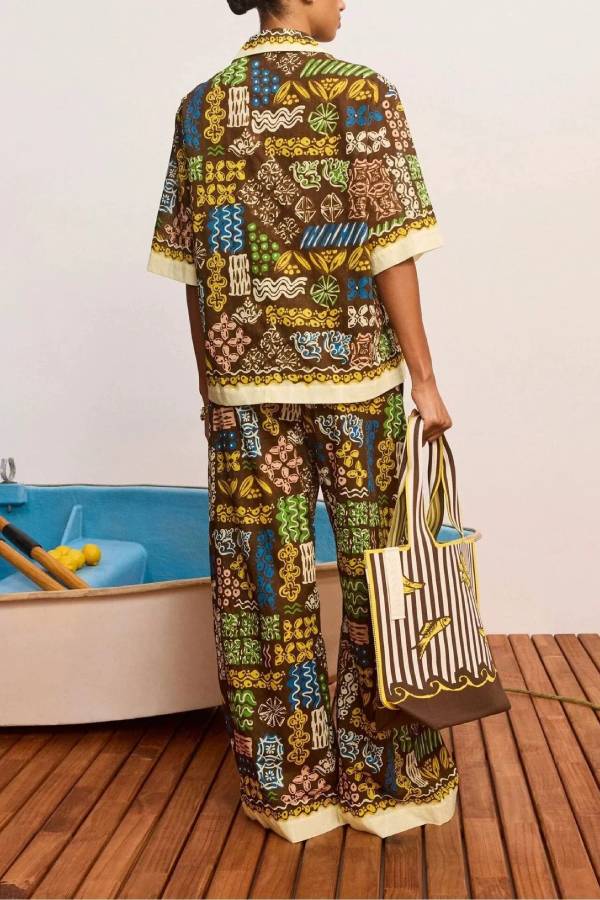 Vintage Ethnic Print Shirt & Wide Leg Pants Two Piece Set