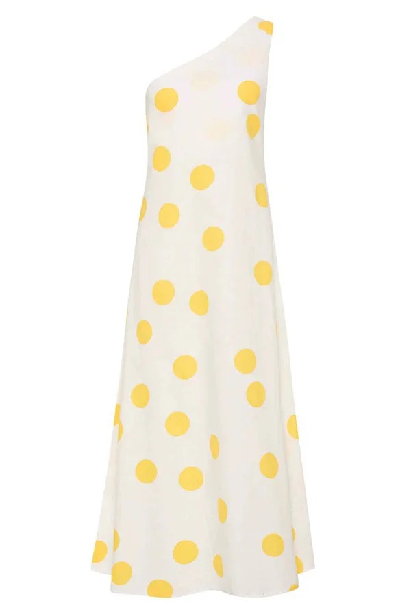 Sunlight Shines Linen Blend Colorblock Polka Dot Print One Shoulder A-line Maxi Dress