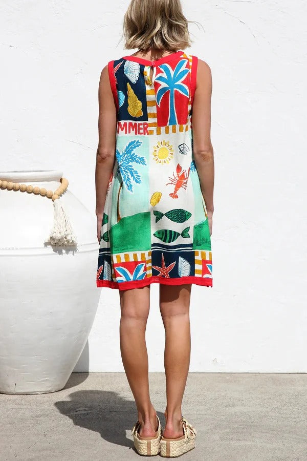 Summer-themed Printed Round Neck Sleeveless Pocket Loose Mini Dress