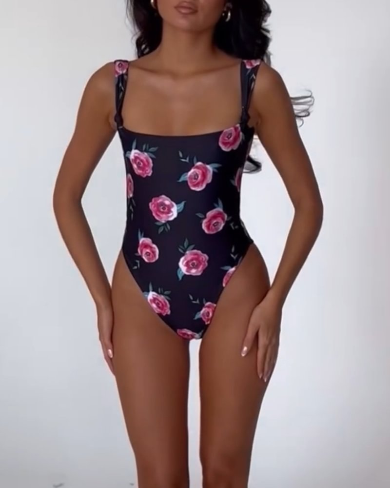 Women's printed suspender one-piece swimsuit